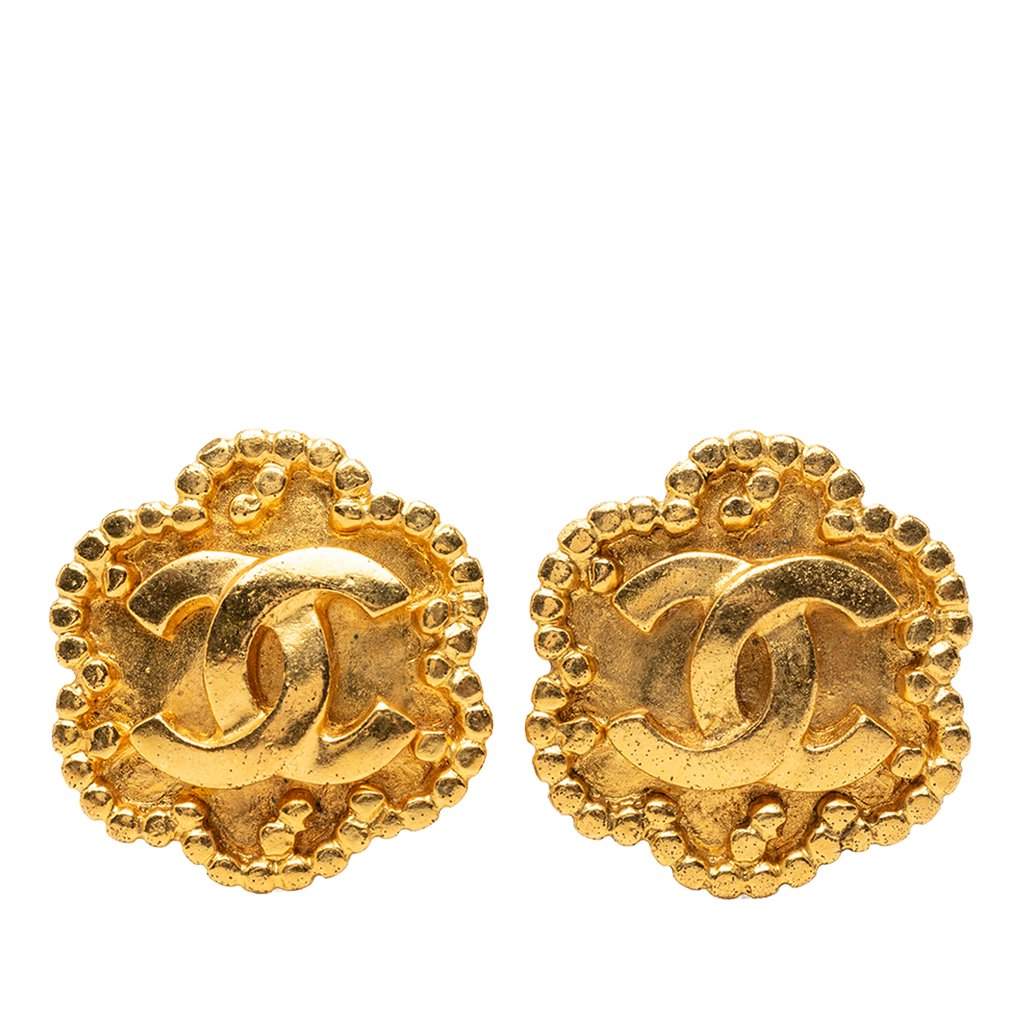 Chanel CC Gold Plated Flower Clip On Earrings Gold Metal Very good - Front View