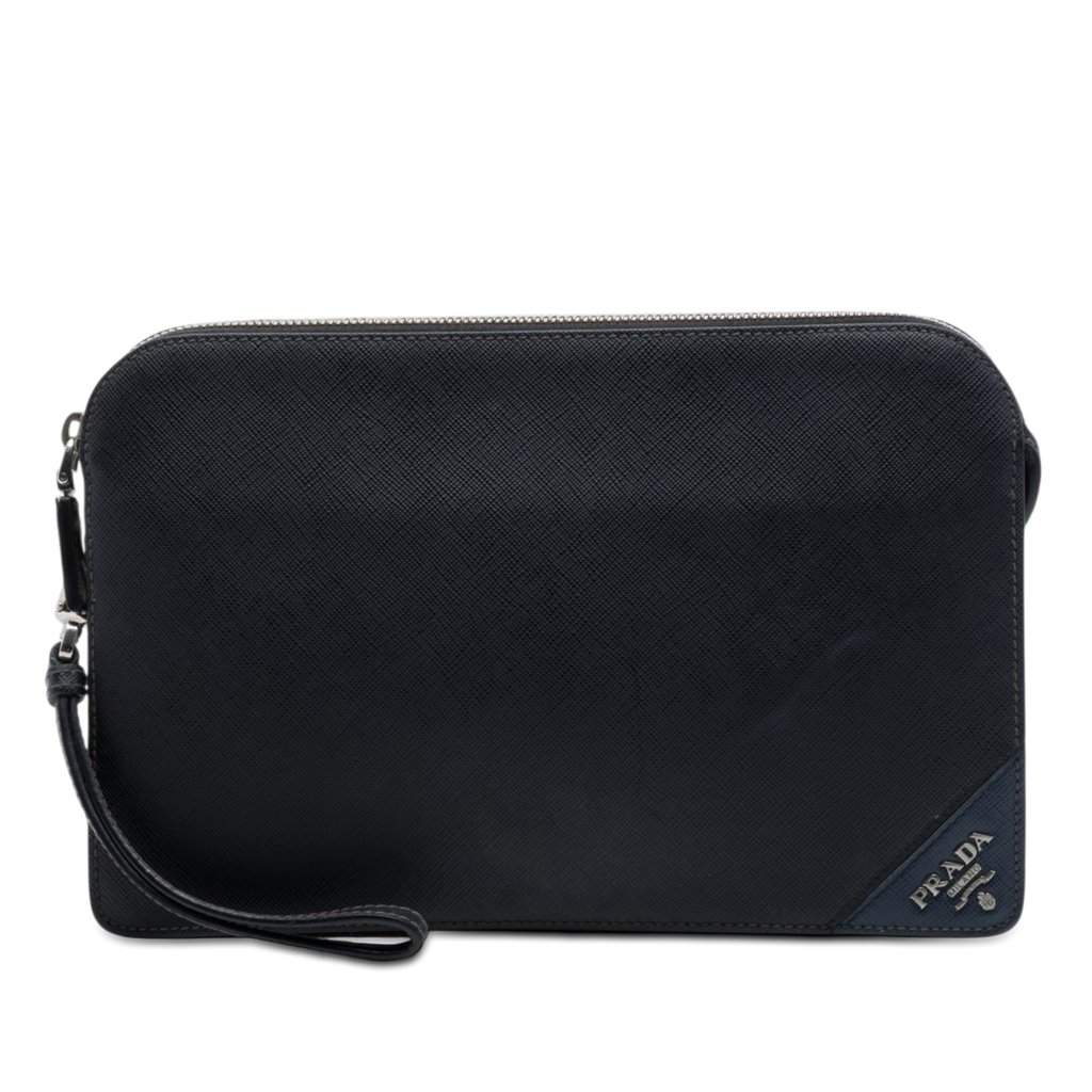 Prada Saffiano Clutch Black Leather Very good - Front View