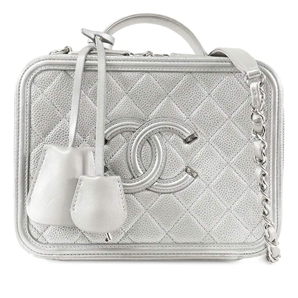 Chanel Medium Caviar CC Filigree Vanity Case Silver Leather Very good condition - Front View