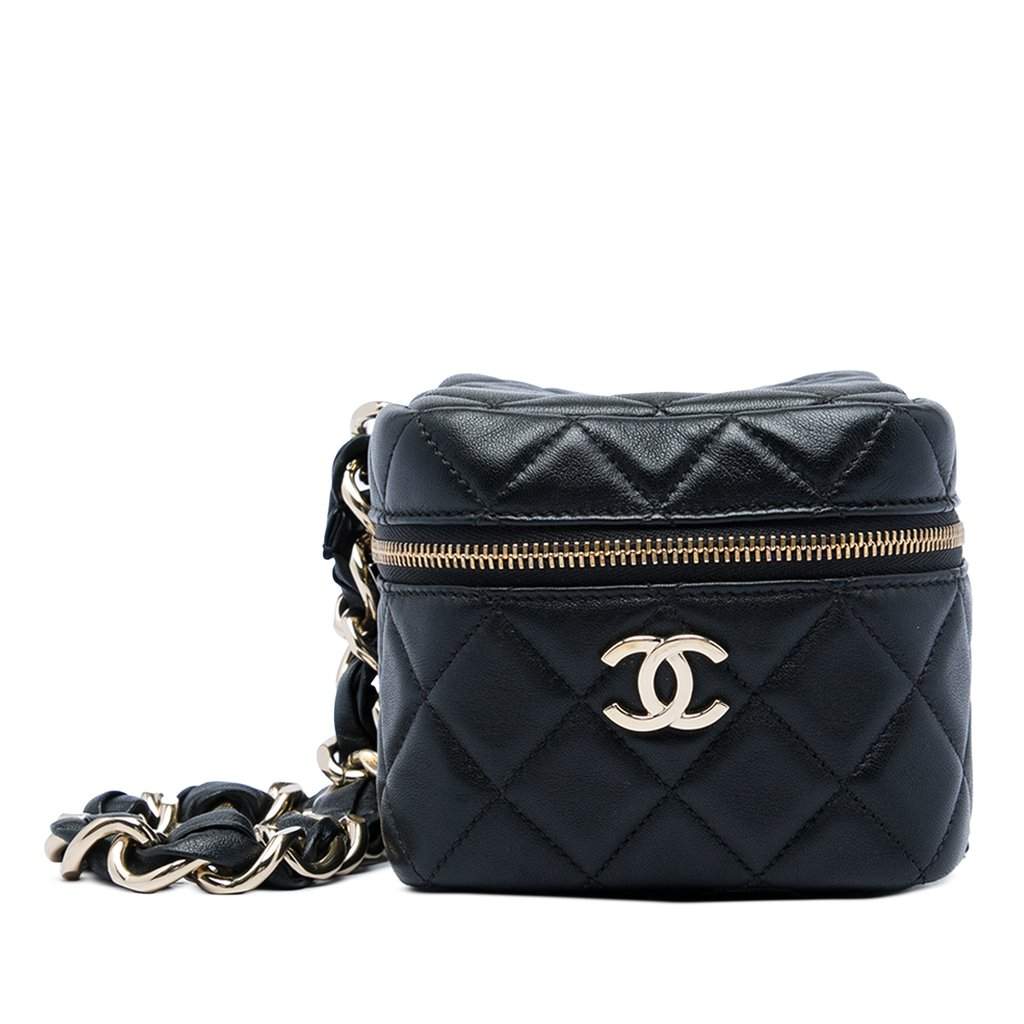 Chanel CC Quilted Lambskin Cube Wristlet Vanity Case Black Leather Very good - Front View