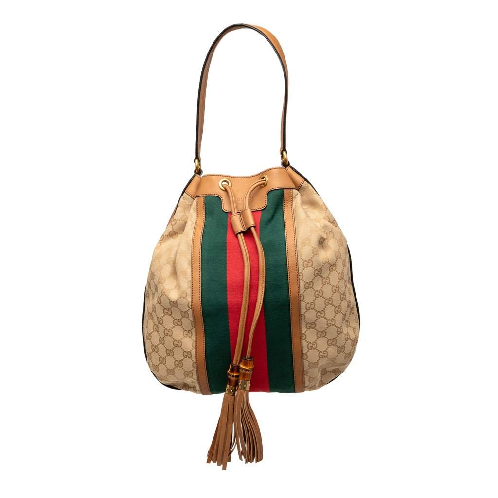 Gucci GG Canvas Web Rania Drawstring Hobo Beige Very good condition - Front View
