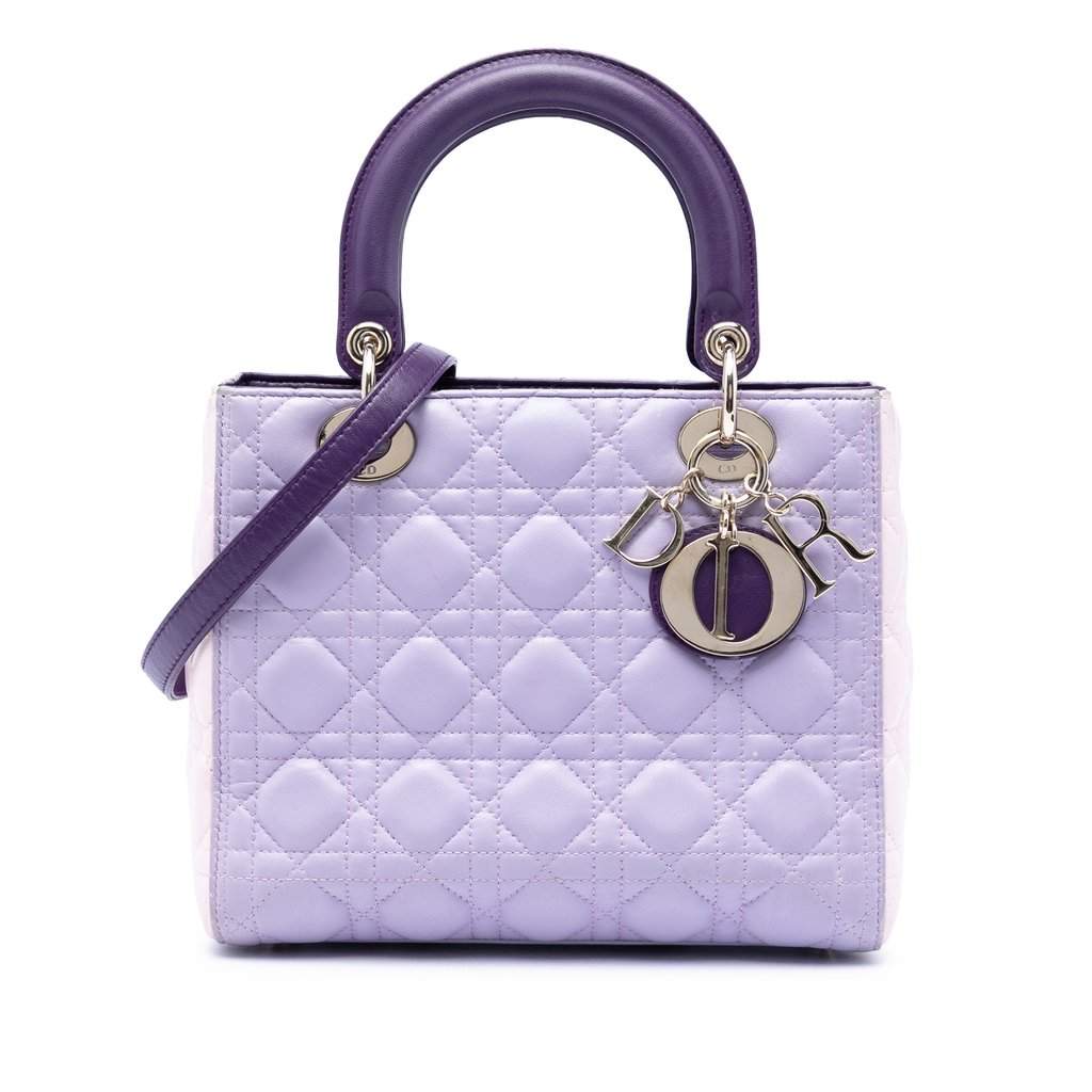 Dior Medium Tricolor Lambskin Cannage Lady Dior Purple Leather Very good condition - Front View