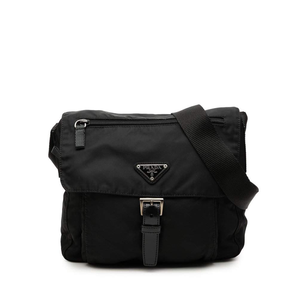 Prada Tessuto Zip Buckle Messenger Bag Black Very good - Front View