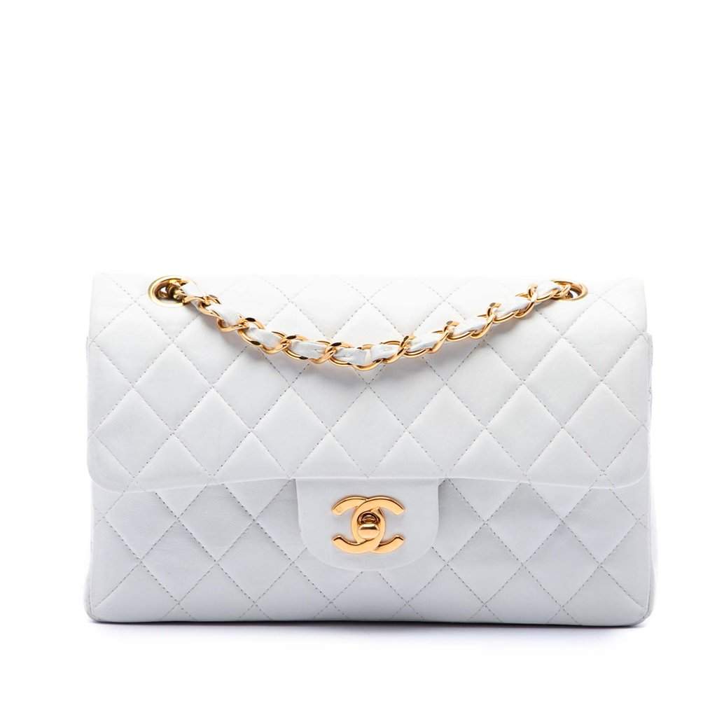 Chanel Small Classic Lambskin Double Flap White Leather Very good condition - Front View
