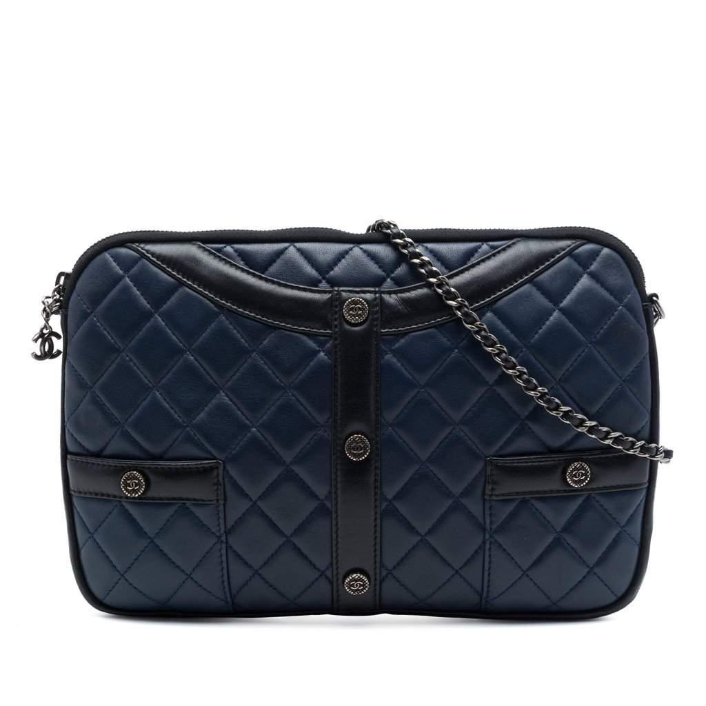 Chanel Small Quilted Lambskin Girl Clutch on Chain Blue Leather Very good - Front View
