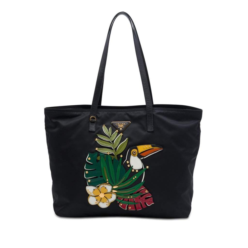 Prada Saffiano Trimmed Tessuto Parrot Applique Tote Black Very good - Front View
