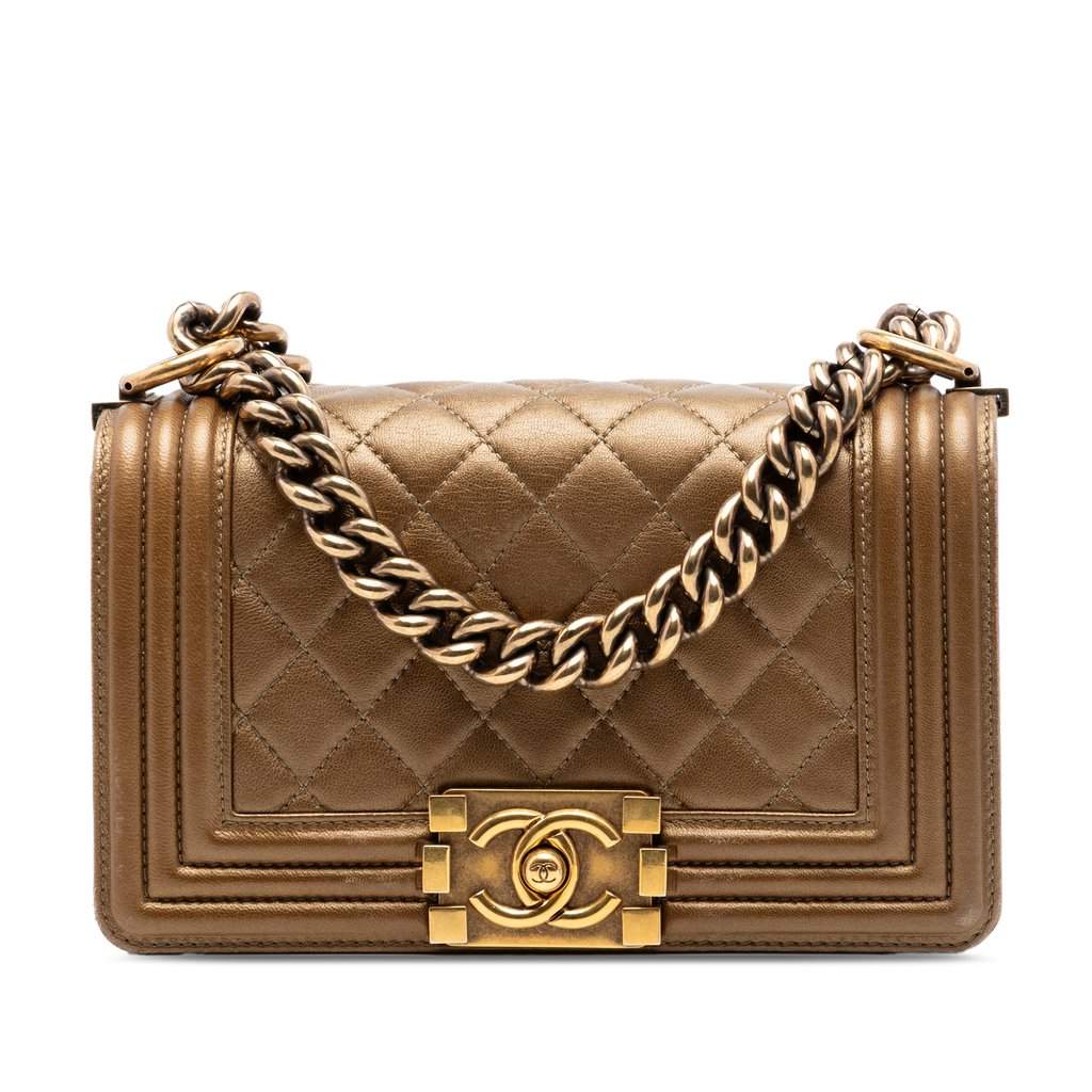 Chanel Small Quilted Metallic Lambskin Boy Flap Gold Leather Very good condition - Front View