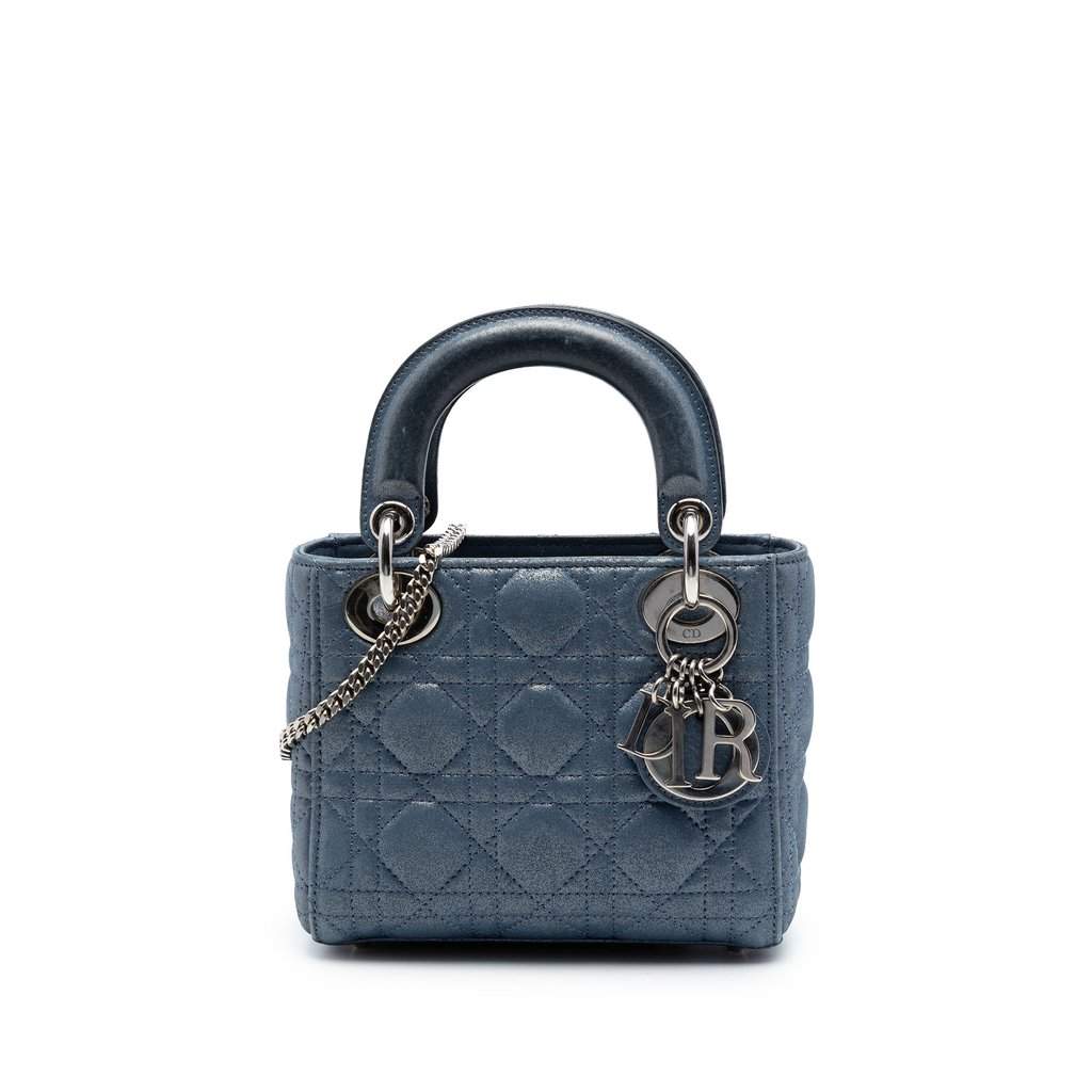 Dior Mini Iridescent Lambskin Cannage Lady Dior Blue Leather Very good condition - Front View
