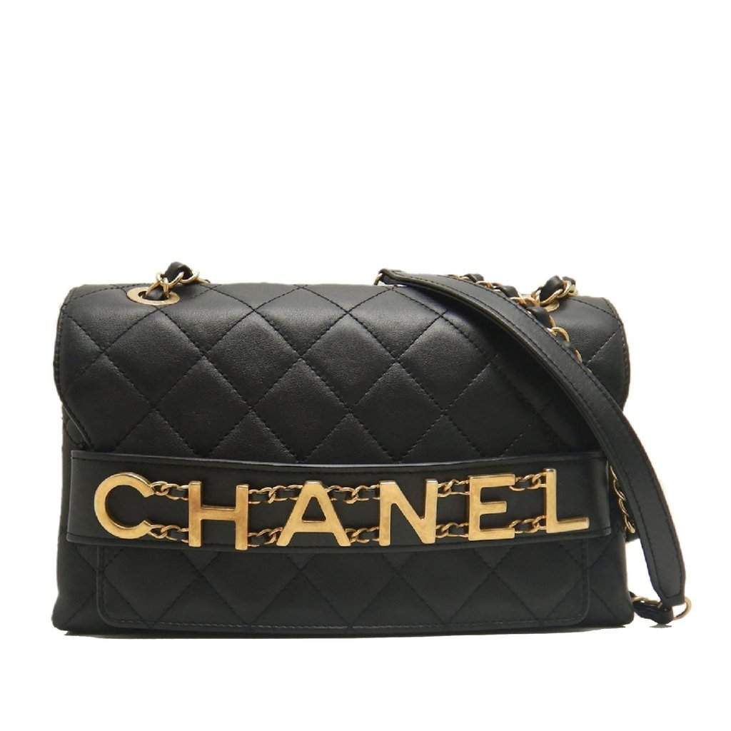Chanel Medium Quilted Lambskin Logo Enchained Flap Black Leather Very good - Front View