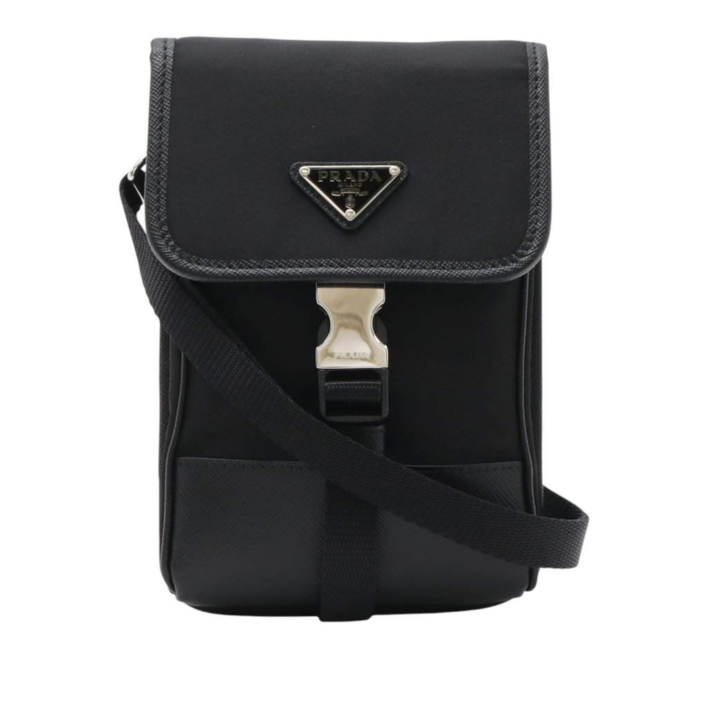 Prada Saffiano Trimmed Re Nylon Phone Case Black Very good - Front View
