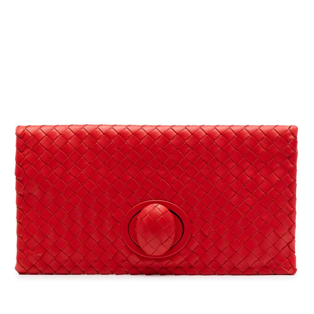 Bottega Veneta Nappa Intrecciato Turn Lock Clutch Red Leather Very good condition - Front View