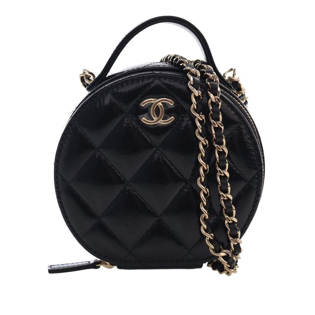 Chanel Quilted Glazed Lambskin Handle With Care Round Vanity Case with Chain Black Leather Very good - Front View