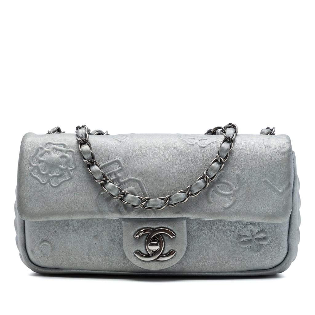 Chanel Small Embossed Metallic Calfskin Precious Symbols Flap Silver Leather Very good condition - Front View
