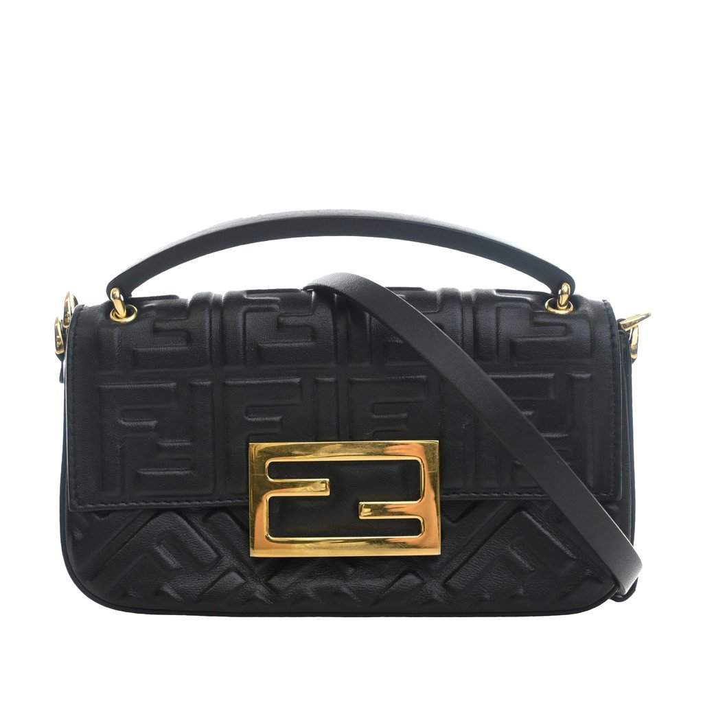 Fendi Zucca Embossed Leather Baguette Phone Pouch Satchel Black Leather Very good condition - Front View