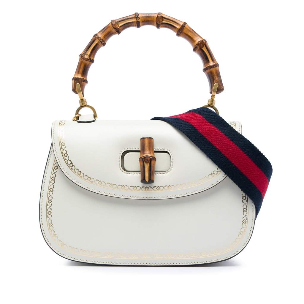 Gucci Calfskin Frame Print Bamboo Web Top Handle Bag White Leather Very good condition - Front View