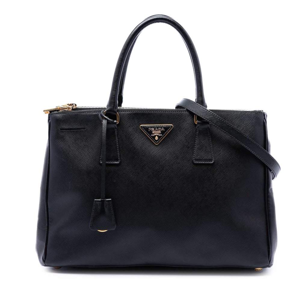 Prada Medium Saffiano Lux Galleria Double Zip Satchel Black Leather Good - Front View