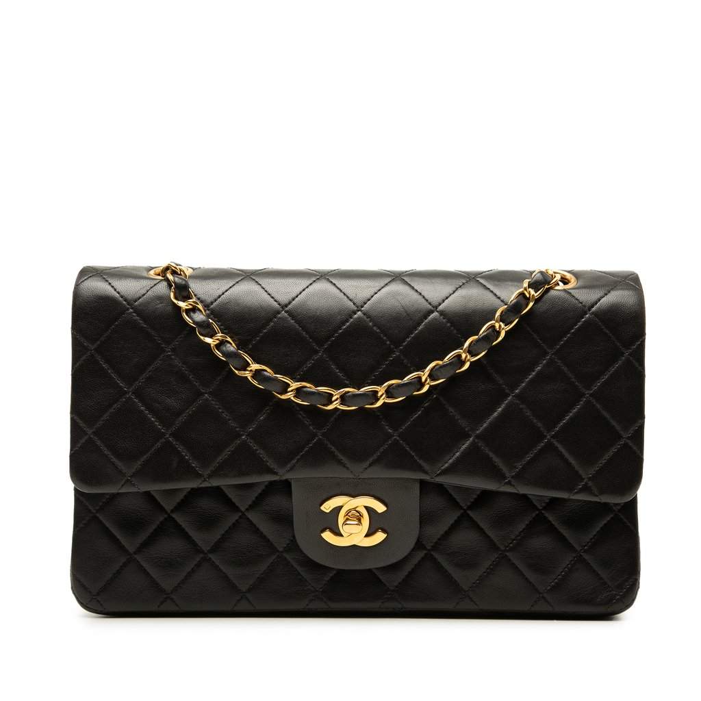Chanel Medium Classic Lambskin Double Flap Black Leather Very good - Front View