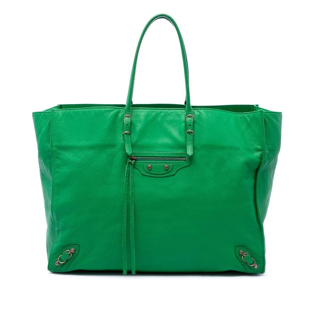 Balenciaga Leather Papier A4 Tote Green Leather Very good - Front View