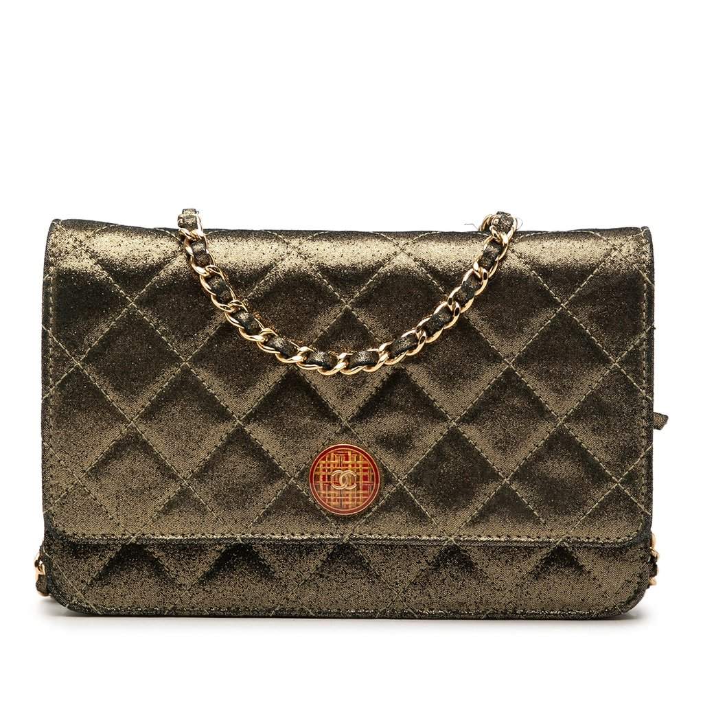 Chanel Quilted Iridescent Lambskin Tartan Button Wallet On Chain Gold Leather Very good condition - Front View