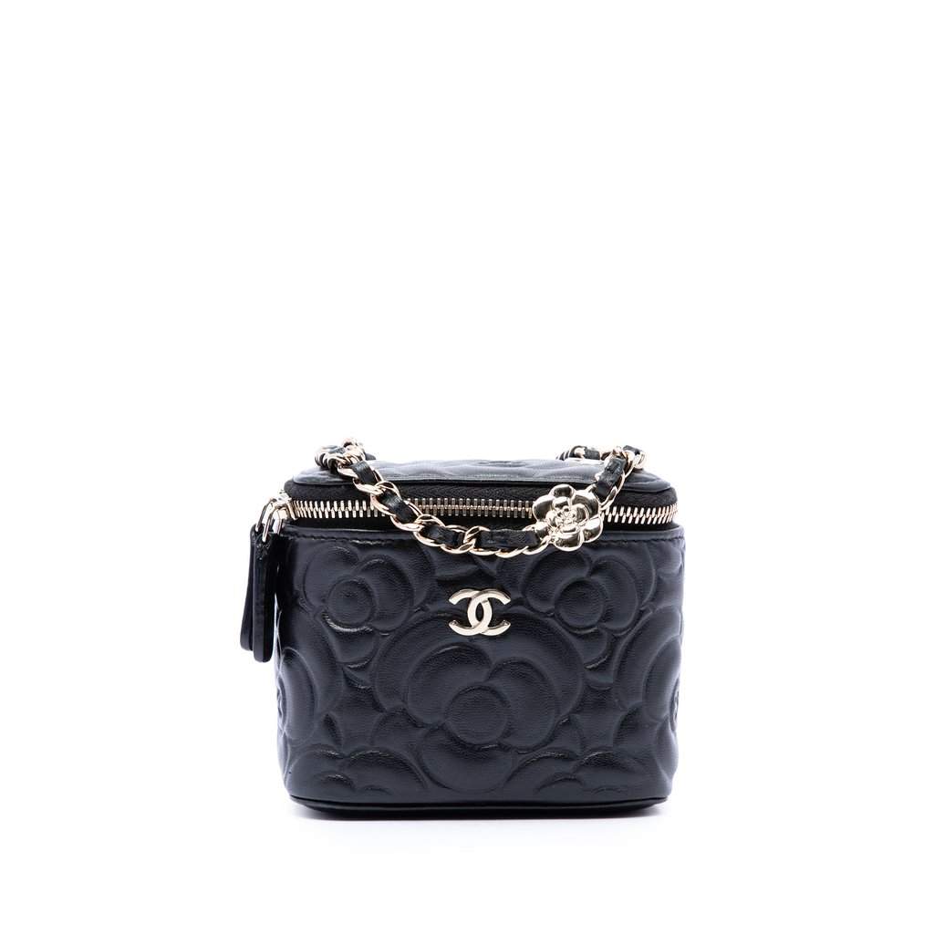 Chanel Mini Camellia Embossed Lambskin Vanity Case With Chain Black Leather Very good - Front View