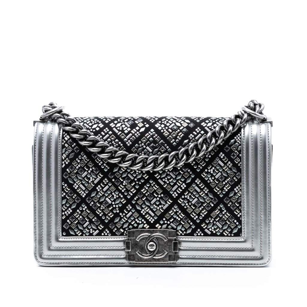 Chanel Old Medium Calfskin Crystal Embellished Boy Flap Silver Leather Very good condition - Front View