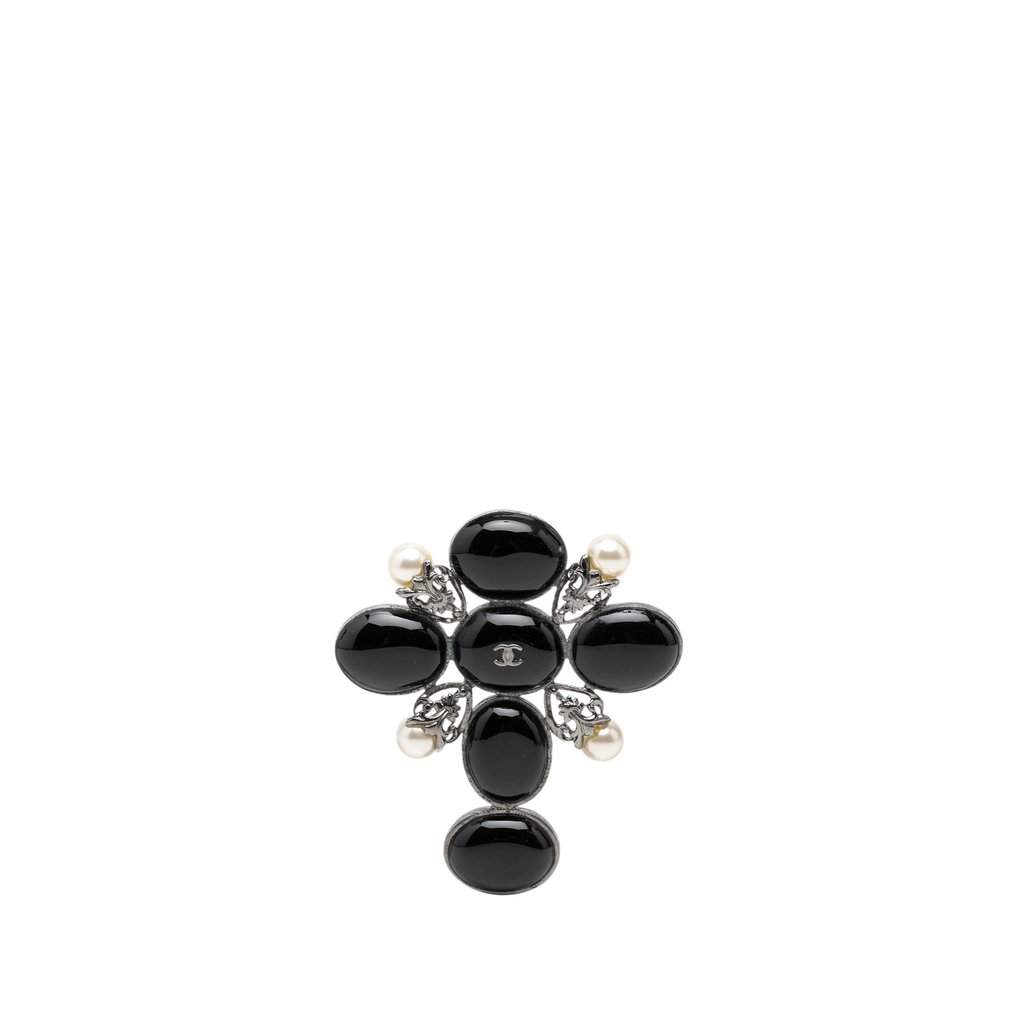 Chanel CC Brass Resin Faux Pearl Cross Brooch Black Plastic Very good condition - Front View