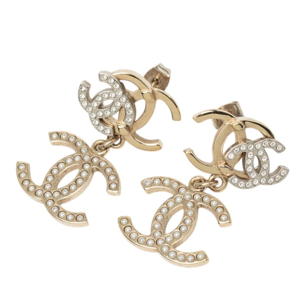 Chanel Gold Plated Strass and Faux Pearl Double CC Drop Push Back Earrings Gold Metal Very good - Front View