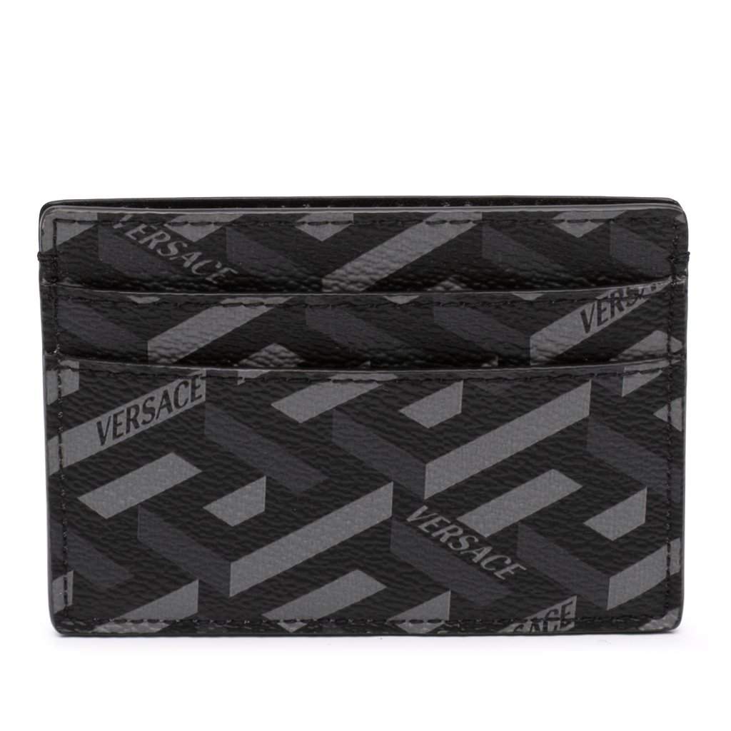 Versace La Greca Coated Canvas Card Holder Black Leather Very good - Front View