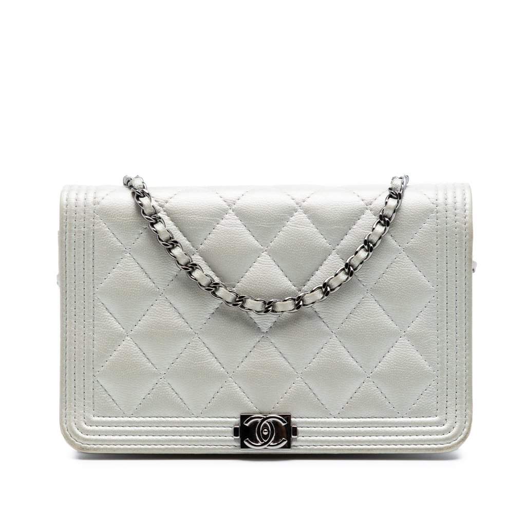 Chanel Quilted Caviar Boy Wallet on Chain Silver Leather Very good - Front View