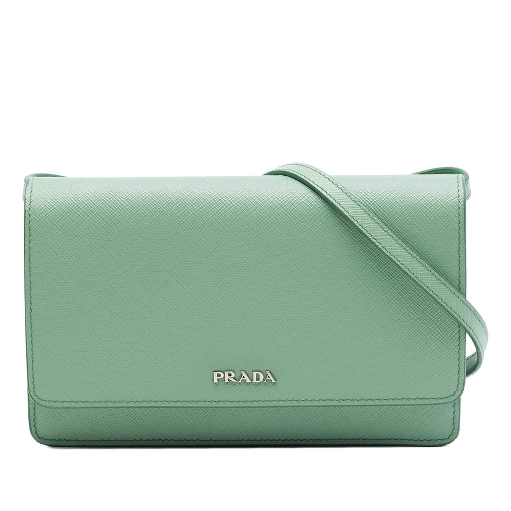 Prada Saffiano Wallet on Strap Green Leather Very good - Front View