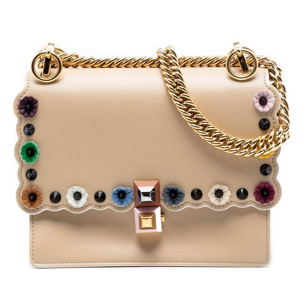 Fendi Mini Scalloped Leather and Studded Floral Kan I Crossbody Beige Leather Very good condition - Front View