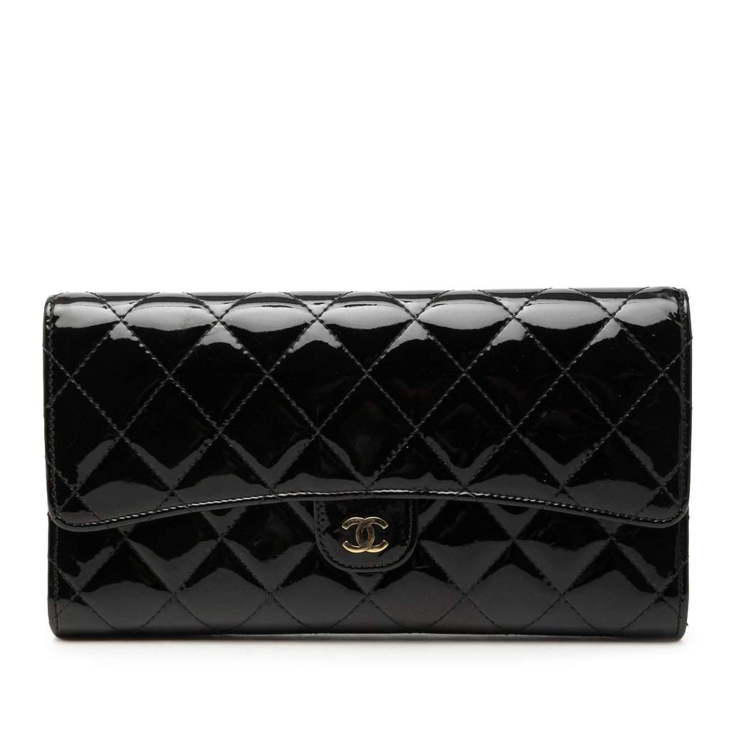 Chanel CC Quilted Patent Classic Flap Long Wallet Black Leather Very good condition - Front View