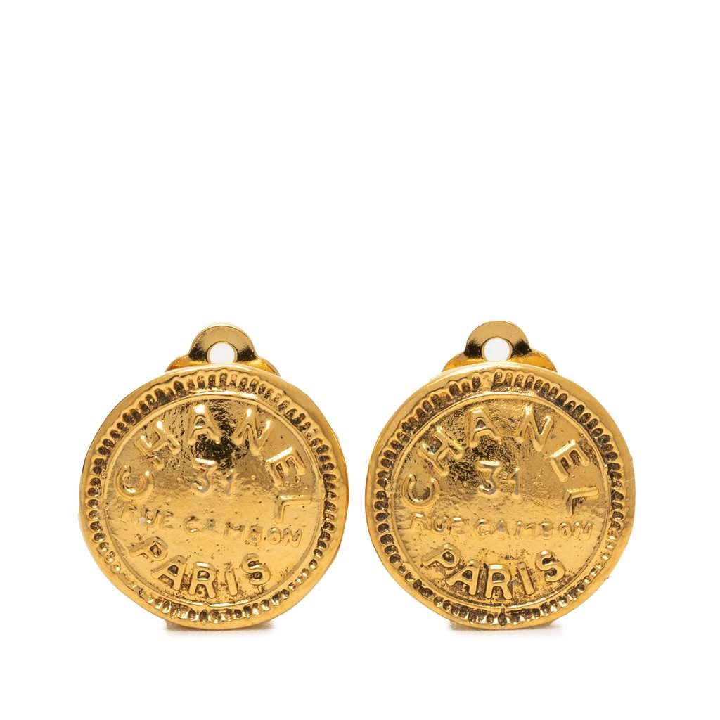 Chanel Gold Plated 31 Rue Cambon Round Clip On Earrings Gold Metal Very good - Front View