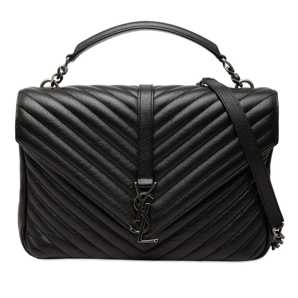 Saint Laurent Large Chevron Sheepskin Monogram College Satchel Black Leather Very good condition - Front View