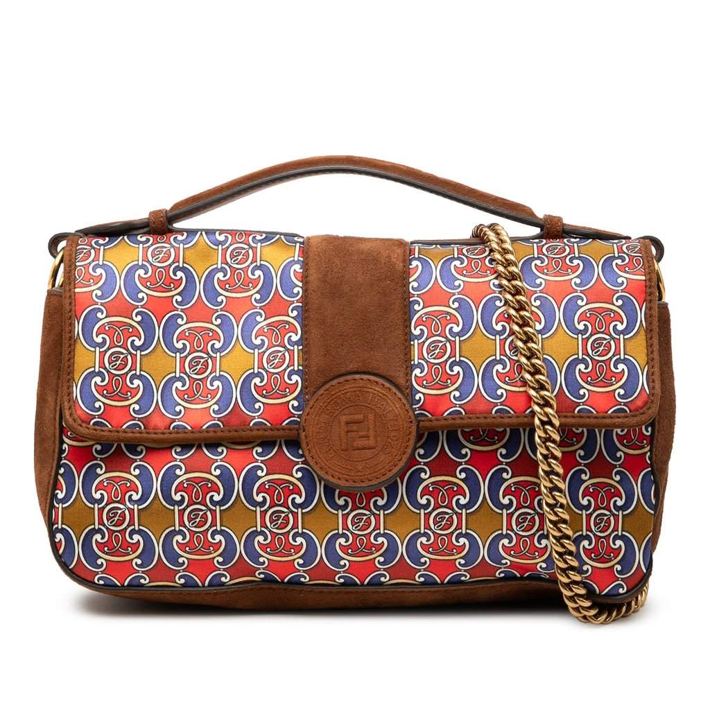 Fendi Printed Satin and Suede Double F Baguette Satchel Brown Very good condition - Front View