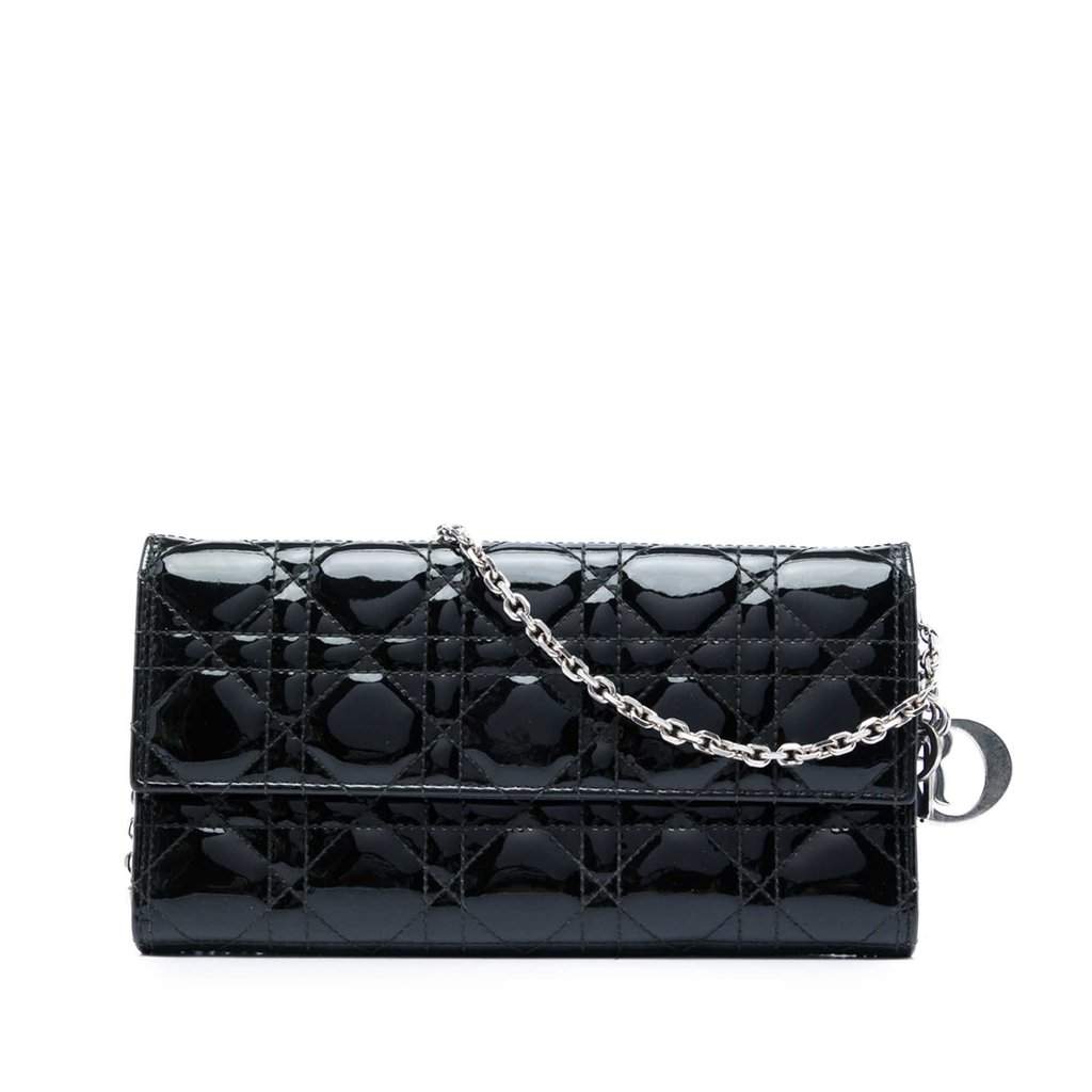 Dior Patent Cannage Lady Dior Wallet On Chain Black Leather Very good condition - Front View