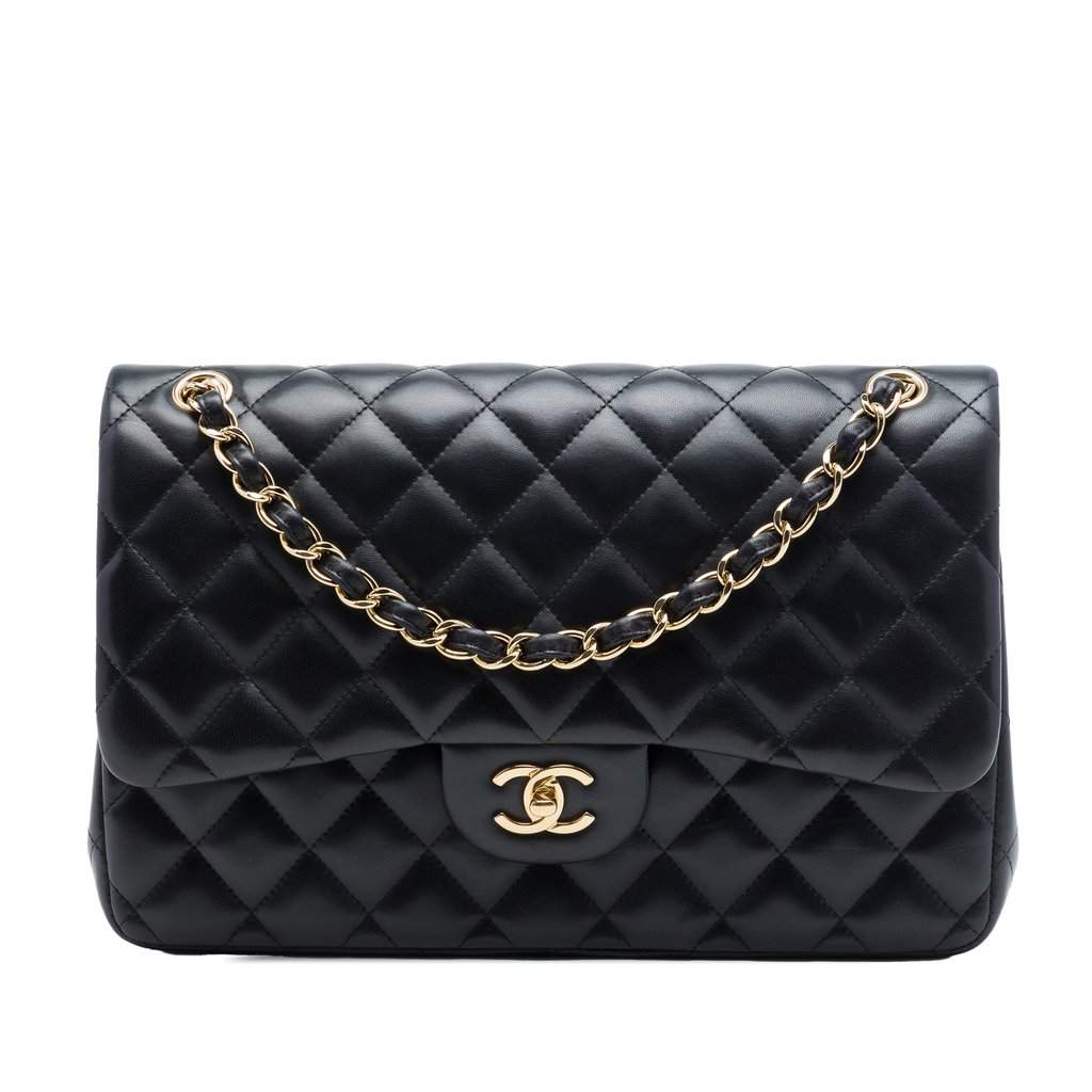 Chanel Jumbo Classic Lambskin Double Flap Black Leather Very good - Front View