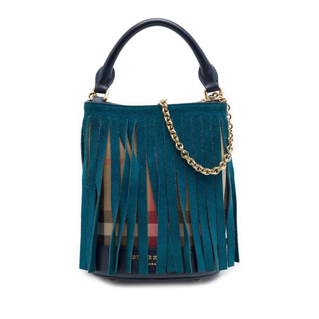 Burberry Prorsum House Check Canvas and Suede Fringe Bucket Bag Beige Very good - Front View
