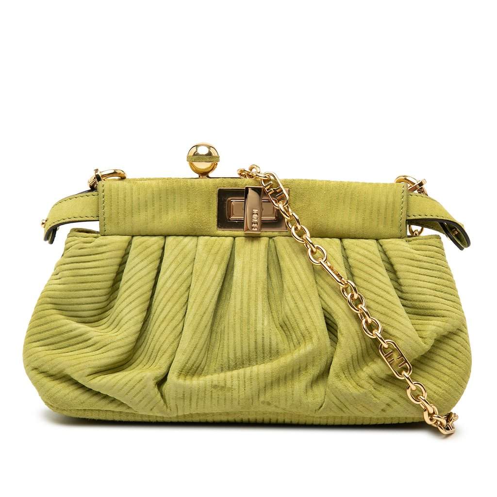 Fendi Small Embossed Suede Peekaboo Click Clutch on Chain Green Leather Very good condition - Front View