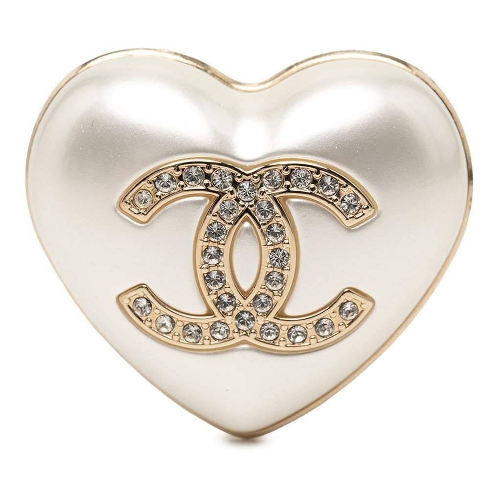 Chanel CC Resin Gold Plated Strass Heart Brooch White Plastic Very good condition - Front View