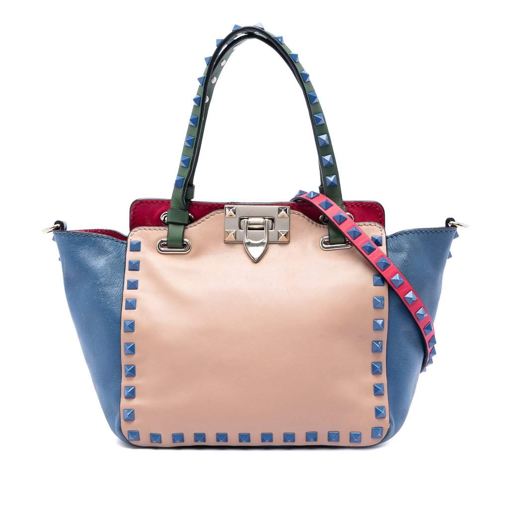 Valentino Mini Leather Colorblock Rockstud Trapeze Satchel Beige Leather Very good condition - Front View