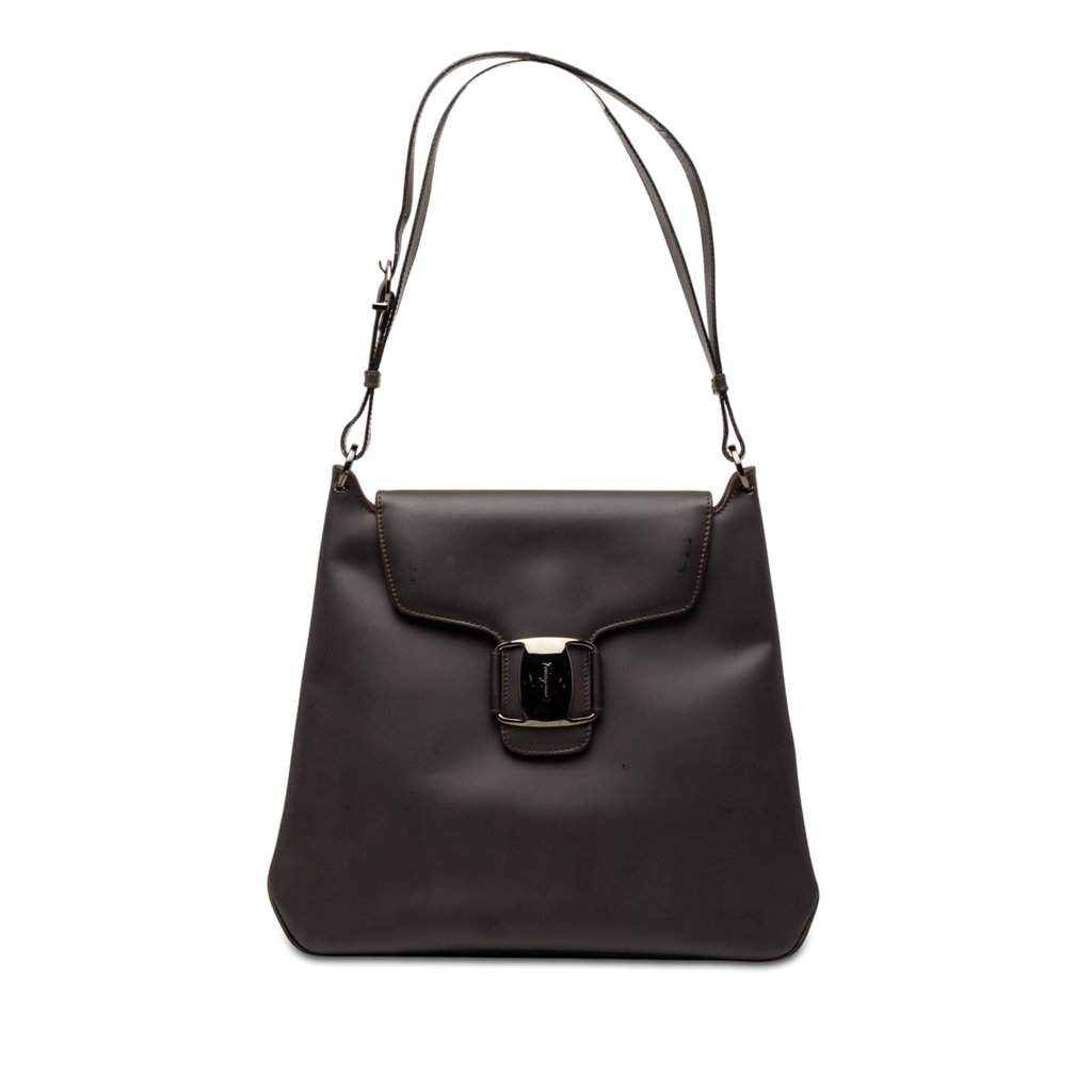 Salvatore Ferragamo Leather Vara Bow Buckle Shoulder Bag Brown Leather Very good condition - Front View