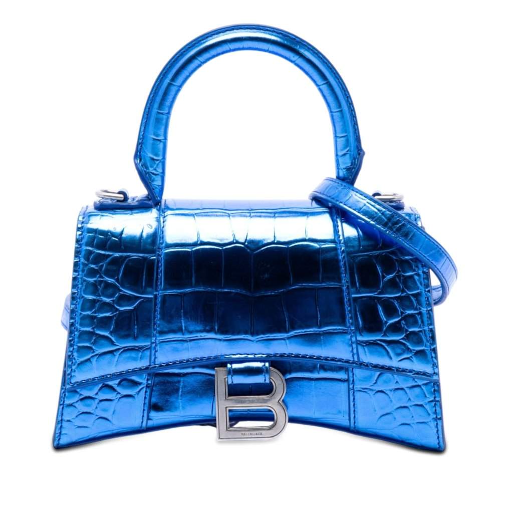 Balenciaga Metallic Calfskin Croc Embossed Hourglass Satchel XS Blue Leather Very good - Front View