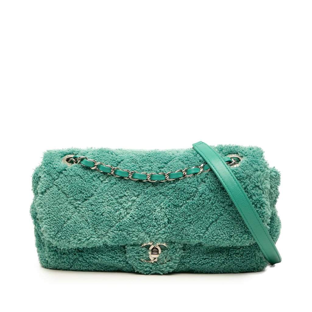 Chanel Medium Quilted Terry Cloth Coco Beach Flap Green Very good condition - Front View