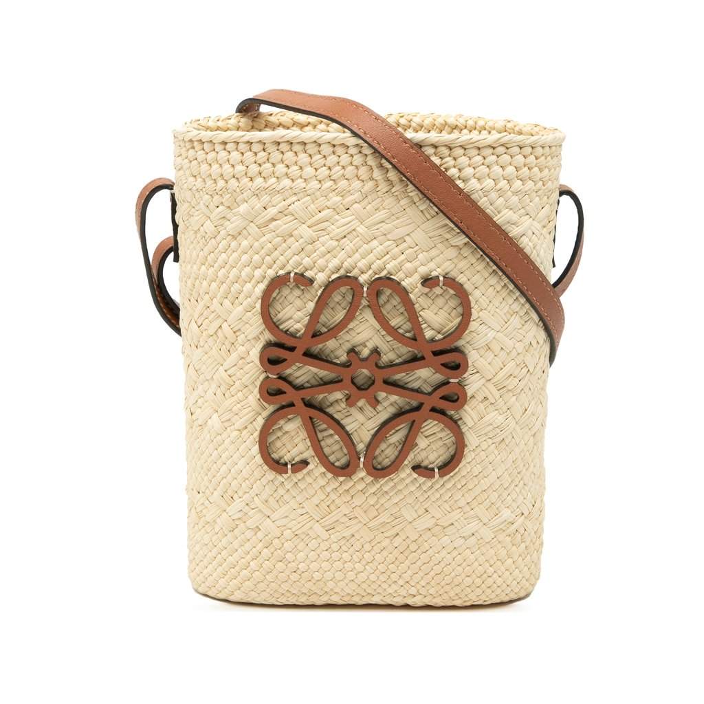 Loewe Paulas Ibiza Raffia Anagram Square Pocket Bucket Bag Beige Very good condition - Front View
