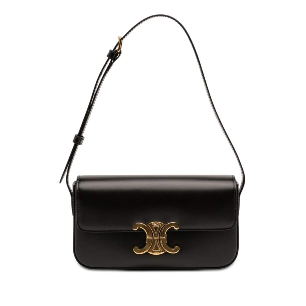 Celine Shiny Calfskin Triomphe Claude Shoulder Bag Black Leather Never worn - Front View