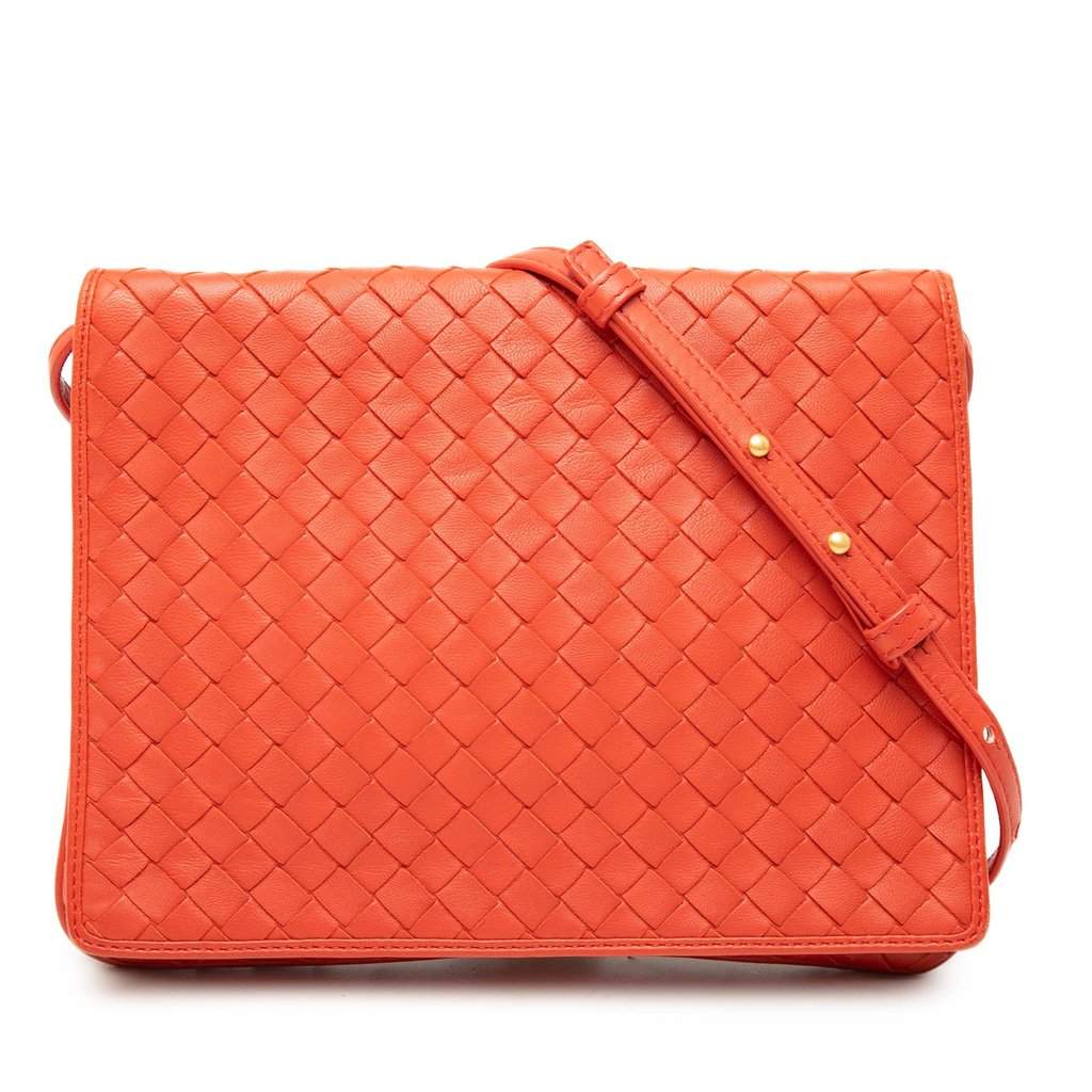 Bottega Veneta Nappa Intrecciato Flap Crossbody Orange Leather Very good - Front View