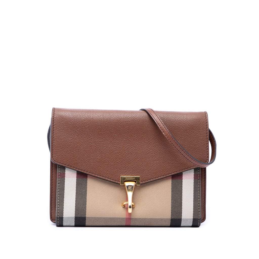 Burberry Small Leather and House Check Canvas Derby Macken Crossbody Brown Very good - Front View