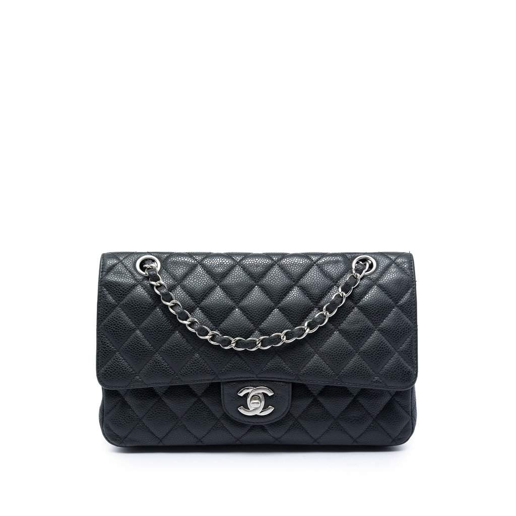 Chanel Medium Classic Caviar Double Flap Black Leather Very good - Front View