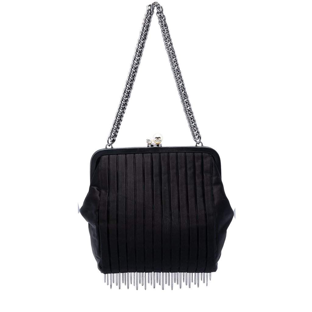 Chanel Pleated Satin Frame Pearl Chain Fringe Shoulder Bag Black Very good condition - Front View